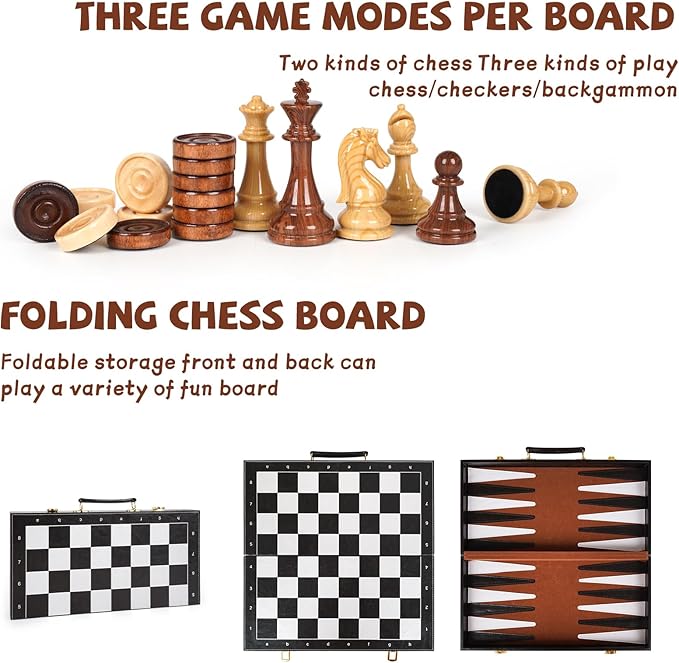 3 in 1 Magnetic Chess Set & Checkers Backgammon Board Game Set, 15" Wooden Folding Chess Board, Tournament Portable Travel Chess Set, Beginner Chess Board Game for Adults & Kids