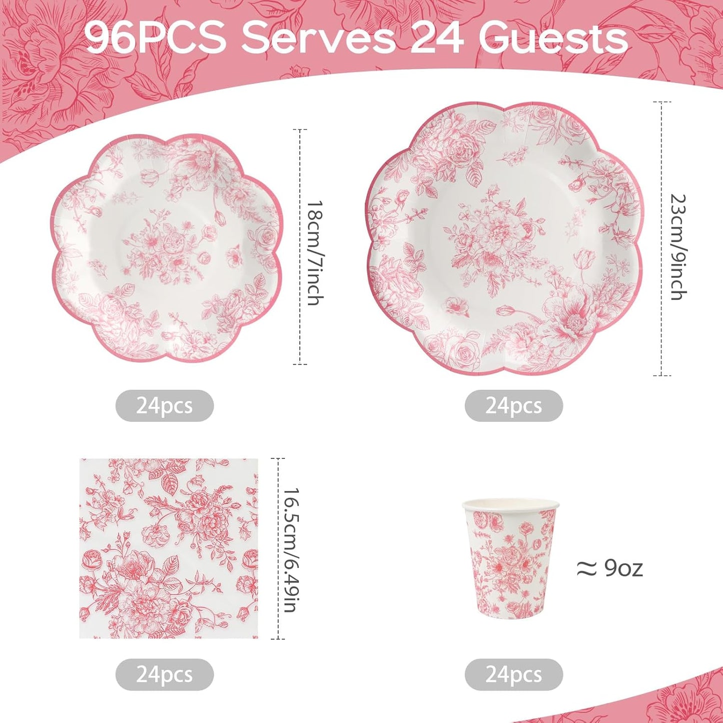 96pcs Party Plates Pink Flower Disposable Tableware Set 7"&9" Paper Plates, Cups and Napkins for 24 Guests Party Table Supplies for Tea Party Baby Shower Brial Shower Birthday Wedding