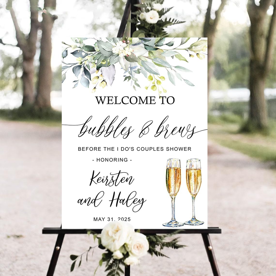 Personalized Greenery Eucalyptus Bubbles and Brews Couples Shower Welcome Sign, Gold Modern Minimalist Wedding Shower Bridal Party Decoration, Outdoor Plastic Sign Weatherproof #1