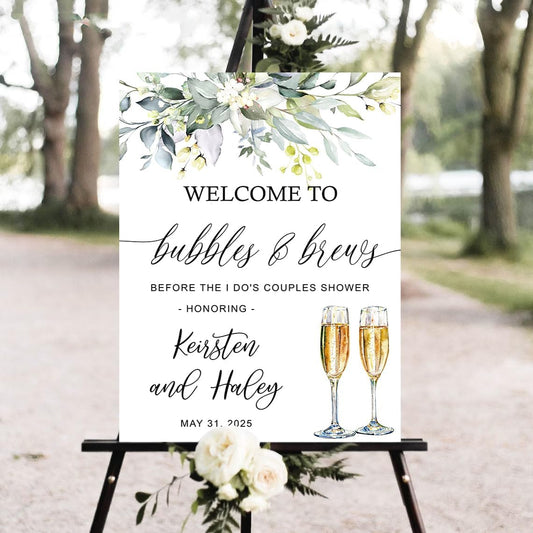 Personalized Greenery Eucalyptus Bubbles and Brews Couples Shower Welcome Sign, Gold Modern Minimalist Wedding Shower Bridal Party Decoration, Outdoor Plastic Sign Weatherproof #1