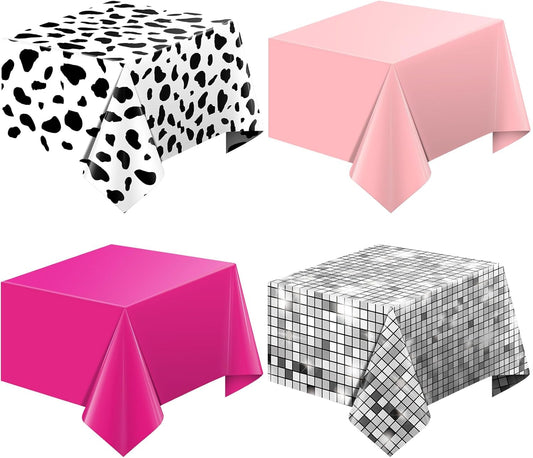 4 Pack Disco Cowgirl Tablecloth Party Decorations, Pink Cow Print Disposable Table Cover, Rectangle Table Cloth for Pink Cowgirl Birthday Disco Bachelorette Party Supplies Decorations, 54 x 108 Inch