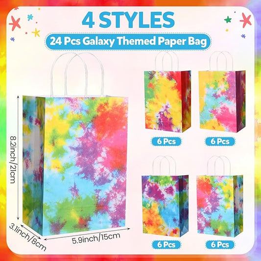 Gaillty 24 Pcs Tie Dye Party Favor Bags Camouflage Goodie Gift Bags with Handles Colorful Rainbow Paper Treat Candy Totes for Retro Theme Birthday Party Supplies Decorations
