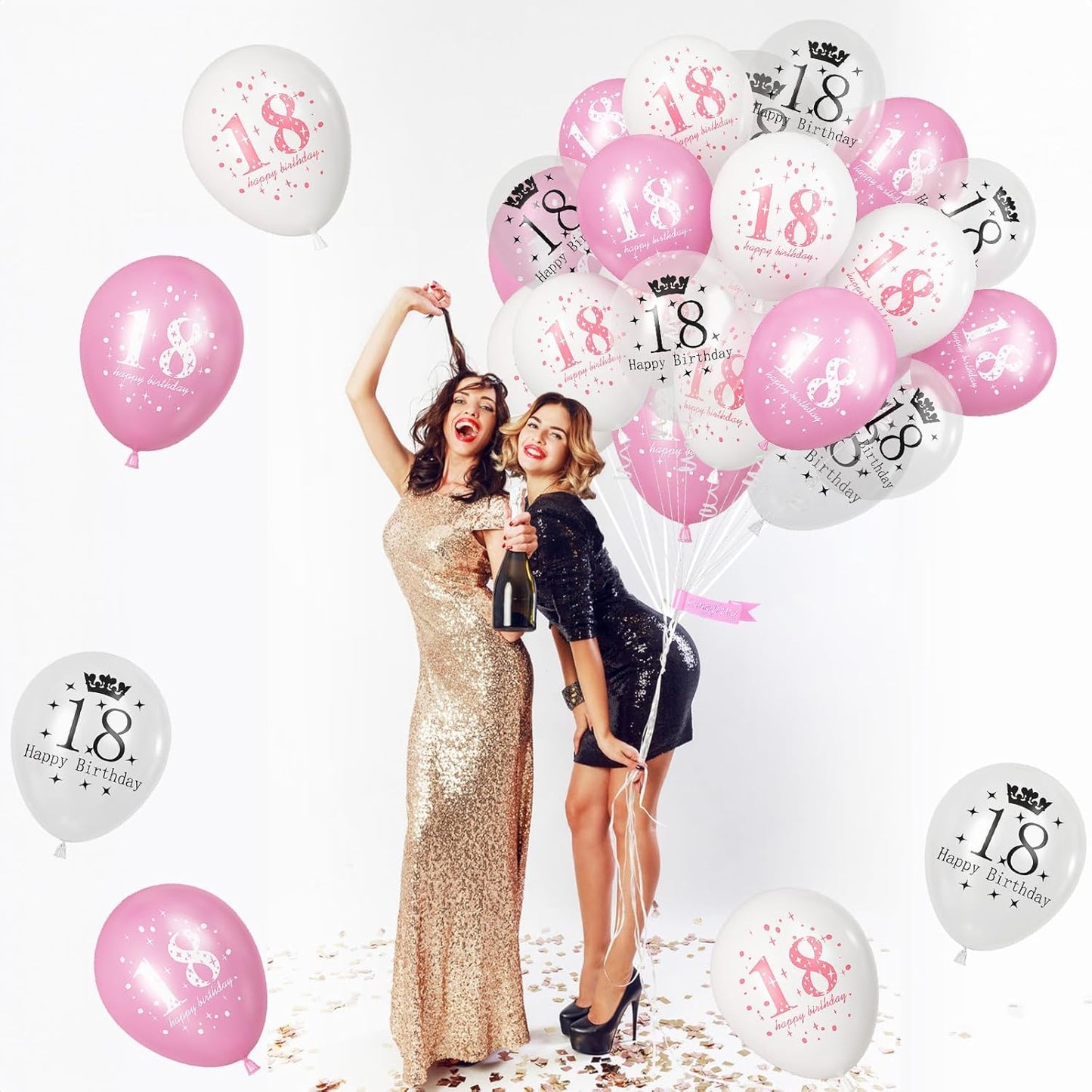 Happy 18th Birthday Balloons for Girls, Pack of 15 Pink White 18th Birthday Party Decorations for Her, 12 Inch 18th Latex Helium Balloons for Girls Age 18 Year Old Birthday Party Decorations Supplies