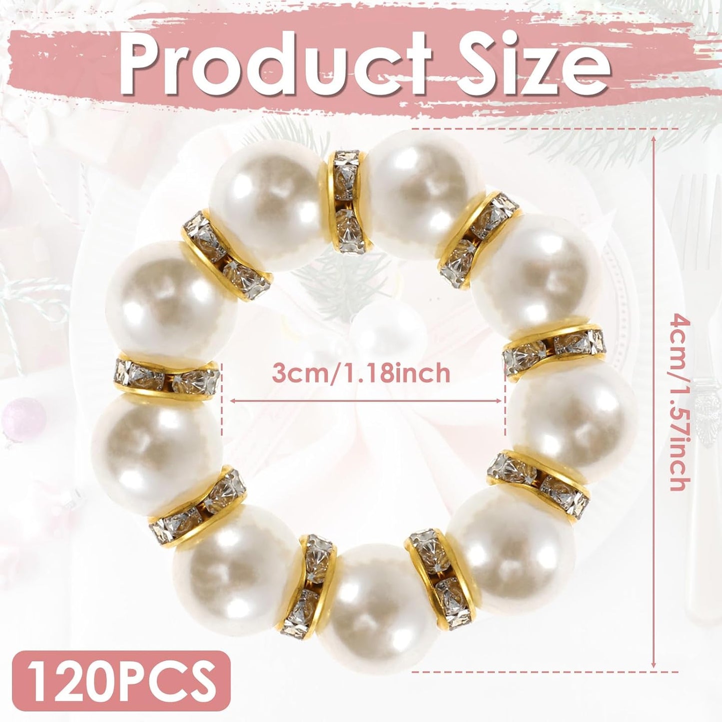 120 Pcs Gold Napkin Rings, Imitation Pearl Napkin Ring Set, Disposable White & Gold Beaded Napkins Rings for Wedding Party Home Reunion Table Decorations
