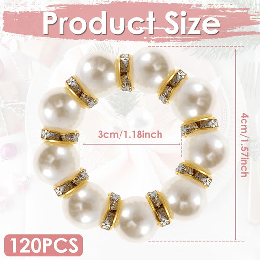 120 Pcs Gold Napkin Rings, Imitation Pearl Napkin Ring Set, Disposable White & Gold Beaded Napkins Rings for Wedding Party Home Reunion Table Decorations