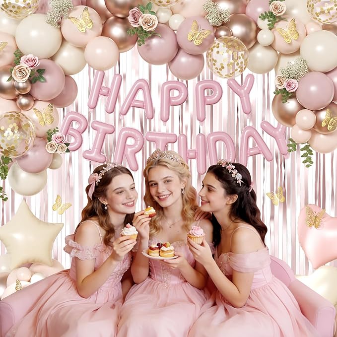 Dusty Pink and Gold Birthday Decorations for Women Girls, Dusty Pink Blush Rose Gold Sand White Gold Foil Confetti Balloons Happy birthday Banner Gold Butterfly Fringe Curtains Birthday Decorations
