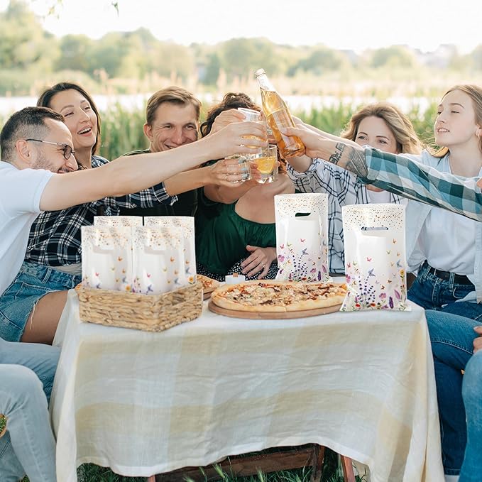 Frienda 100 Pcs Spring Gift Bags with Handles, Wildflower Plastic Treat Bags Spring Party Favor Bag for Candy, Cookies, Snacks and Small Gifts, Floral Goodie Bag for Baby Shower, Wedding