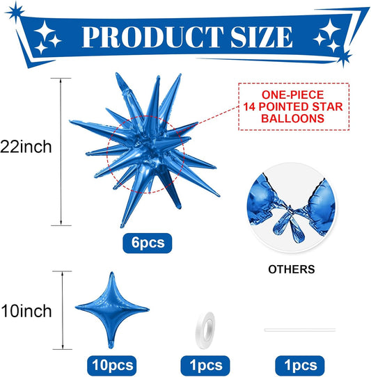 Blue Star Balloon,Dark Blue 6Pcs 22Inch Explosion Star Balloons and 10Pcs 10Inch Four Angle Balloons Kit for Birthday Graduation Anniversary Baby Shower Wedding Party Decorations