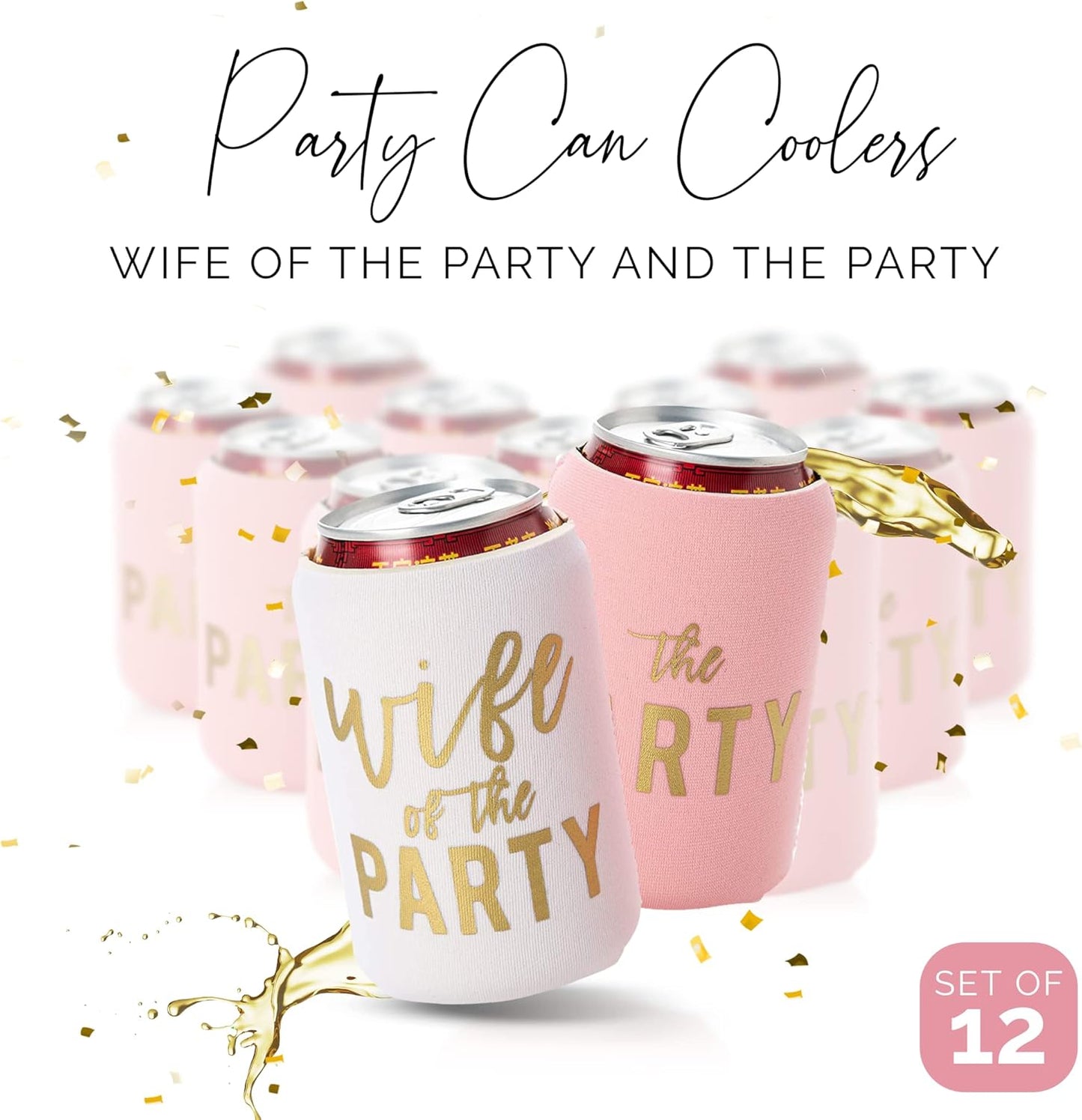 Wife of the Party and The Party Bachelorette Can Coolers - Set of 12, Perfect for Decorations and Bridesmaid Gifts (Dusty Rose, Regular)