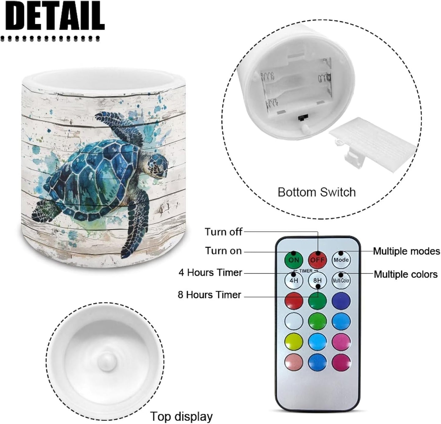 Poceacles 4 Piece Flameless LED Candles with Remote, Plastic Battery-Powered Candles with 12 Colors Changing Decorative Night Light for Home Holiday Decor, Watercolor Sea Turtle Wood Grain