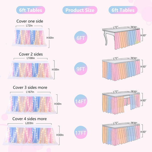 6FT Rainbow Tulle Table Skirt for Rectangle or Round Tables Rainbow Tutu Table Skirt with LED Lights for Princess Birthday Party Baby Shower Gender Reveal Wedding Banquet Cake Dessert Decorations