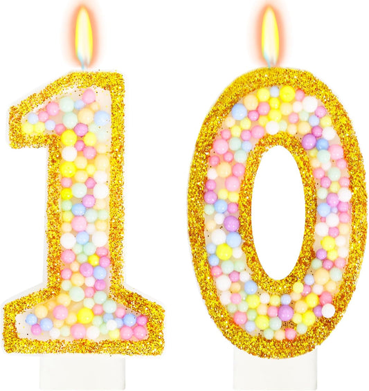 10th Birthday Candle for Cake, Colorful Macaron Numeral Candles for Boys/Girls, Birthday Party Cake Decorations, Golden Cake Topper for Birthday Party Supplies (Number 10)