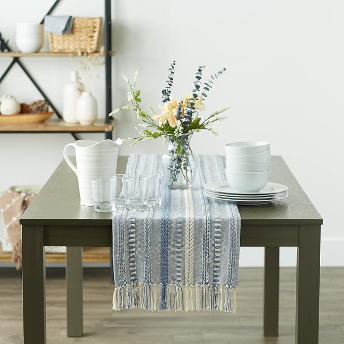 DII Farmhouse Braided Stripe Table Runner Collection, 15x108 (15x113, Fringe Included), Stonewash Blue