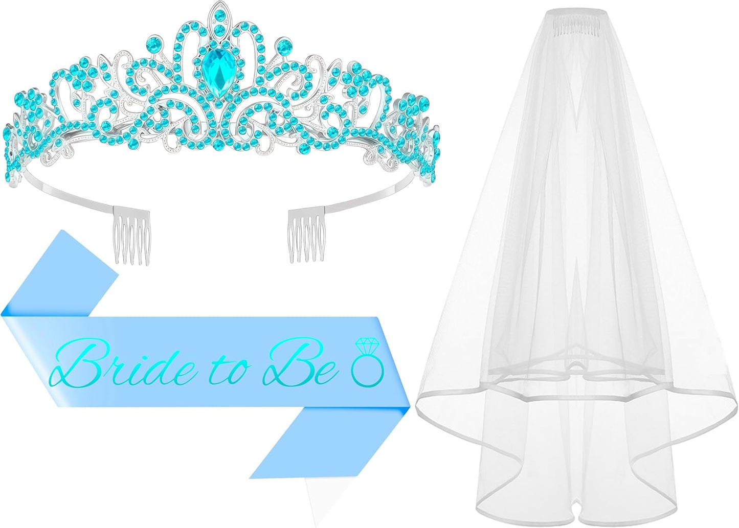 3Pcs Bride to Be Crown with Sash and Veil for Bachelorette Party Decorations, Bridal Shower Accessories for Gift, Favors