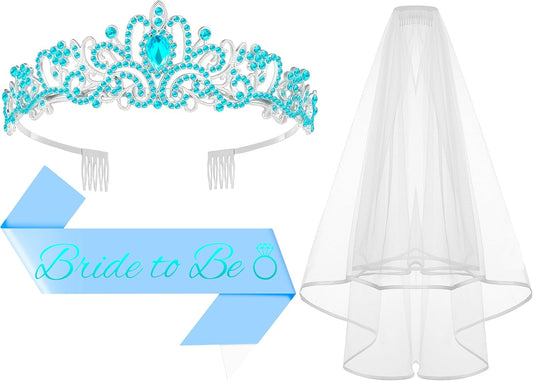 3Pcs Bride to Be Crown with Sash and Veil for Bachelorette Party Decorations, Bridal Shower Accessories for Gift, Favors