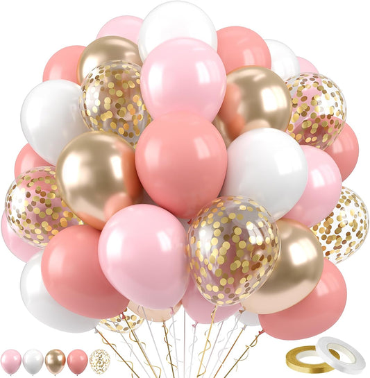 Paready Pink Gold White Balloons Set, 60 Pcs Metallic Gold Pink Balloons, 12 Inch Dusty Pastel Pink White Confetti Balloon For Boho Birthday Bridal Shower Bachelorette Party Supplies
