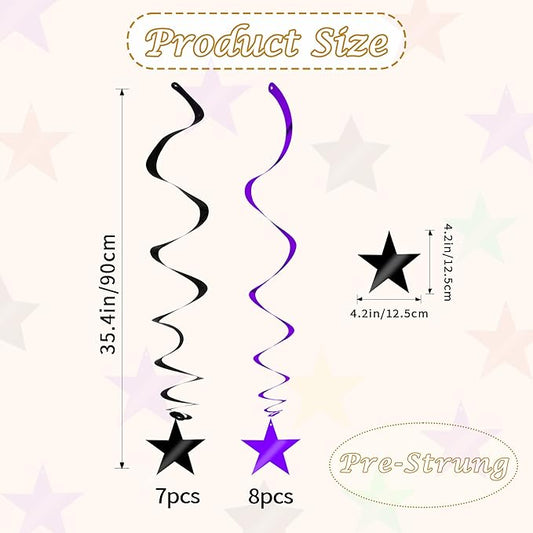 BEISHIDA Black Purple Star Halloween Hanging Swirl Decorations, Halloween Party Supplies for Horror Party Wedding Baby Shower Birthday Decorations,Pack of 15