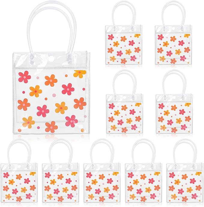 JarThenaAMCS Boho Floral Clear Gift Bags Christmas Groovy Flower PVC Party Favor Bags with Handles Cute Daisy Decorative Treat Bags for Wedding Birthday Shower Party Supplies, 12Pcs