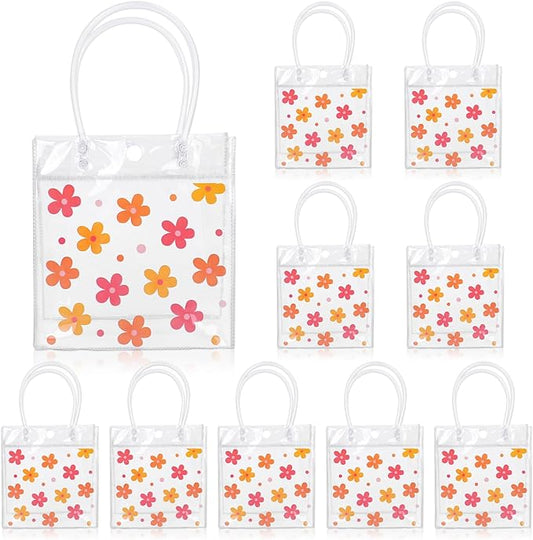 JarThenaAMCS Boho Floral Clear Gift Bags Christmas Groovy Flower PVC Party Favor Bags with Handles Cute Daisy Decorative Treat Bags for Wedding Birthday Shower Party Supplies, 12Pcs