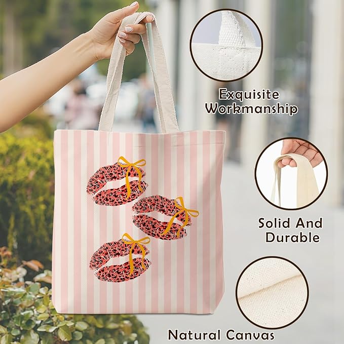 Coquette Bow Red Leopard Lip Tote Bag for Women,Trendy Cheetah Print Canvas Tote Bag for Girls,Girly Leopard Lip Print Aesthetic Reusable Shopping Grocery Bags Party Favors