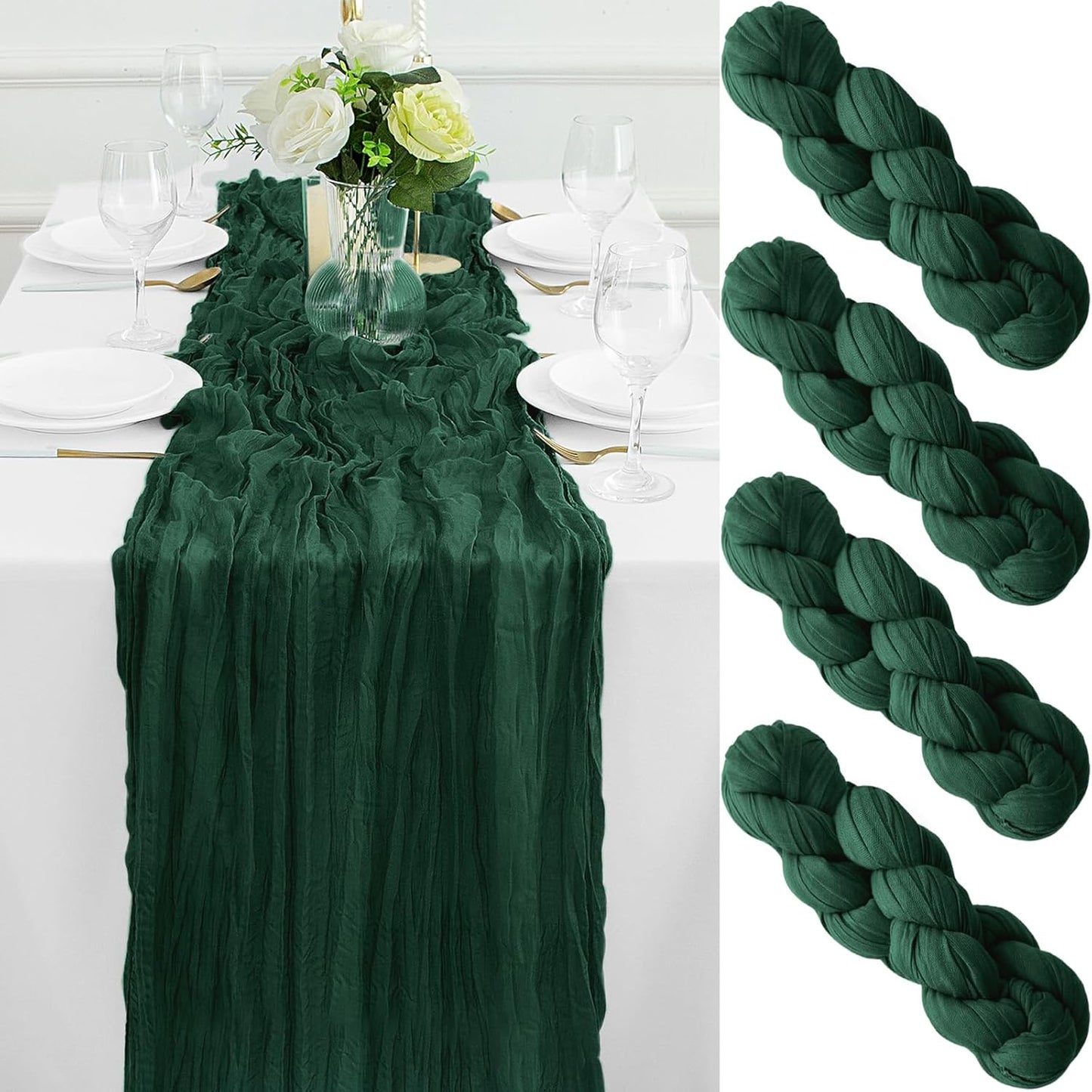 4Pack Emerald Green Table Runner 10FT Cheesecloth Table Runner 35x120Inch Long Boho Cheese Cloth Table Runners Rustic Gauze Table Runners for Party Wedding Bridal Shower Baby Shower Decorations