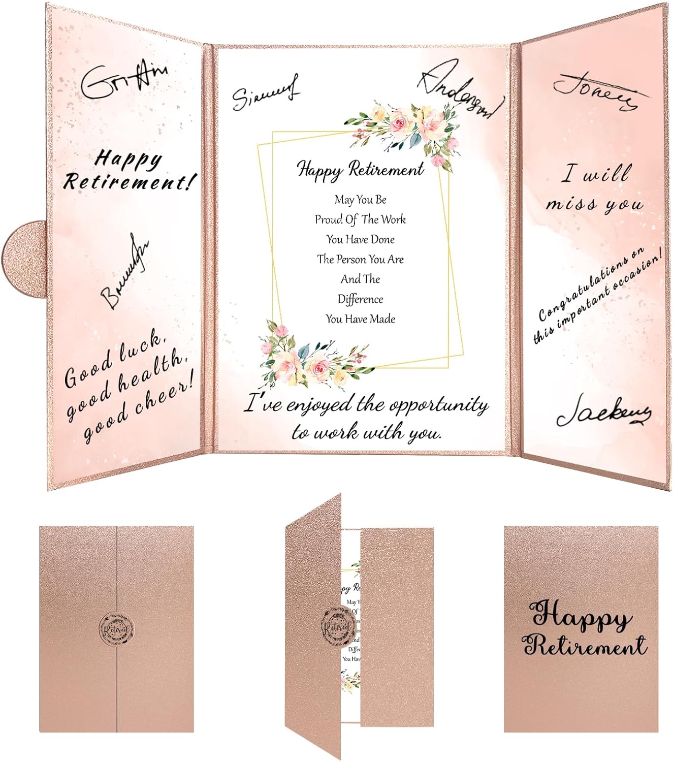 Holkcog Retirement Rose Gold Guest Book Alternative Decorations for Women, Rose Gold Happy Retirement Party Decorations, Signature Certificate or Retired Gifts for Women