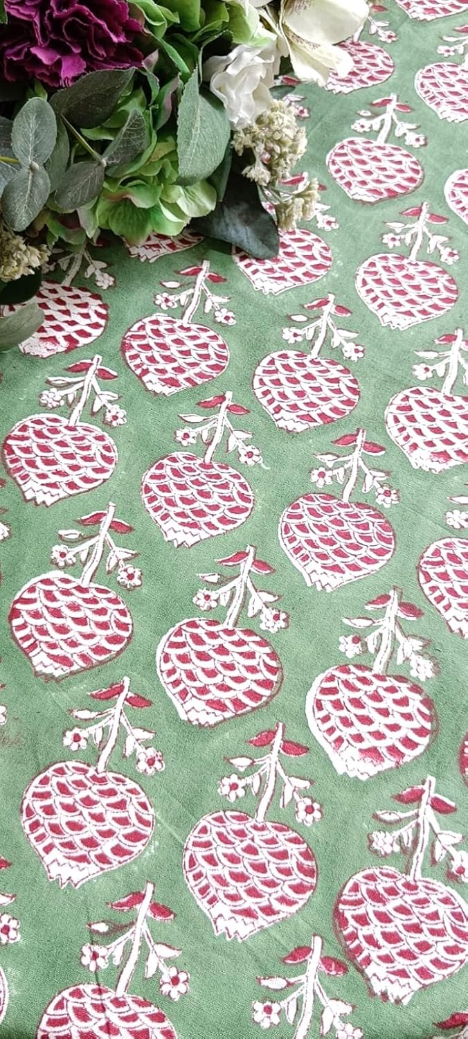 ATOSII Roma Green 100% Cotton Round Tablecloth, Handblock Print Floral Table Cloth for Kitchen Dining Linen I Parties, Weddings, Outdoors, Spring Summer Decor I 60" Inches Round