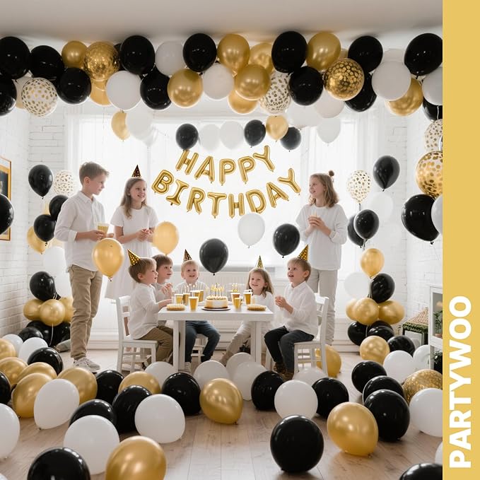 PartyWoo Black and Gold Balloons 65pcs 12 Inch Matte Black White Metallic Chrome Gold Confetti Balloons for Graduation Baby Shower Birthday New Year's Eve Anniversary Bachelorette Party Decorations
