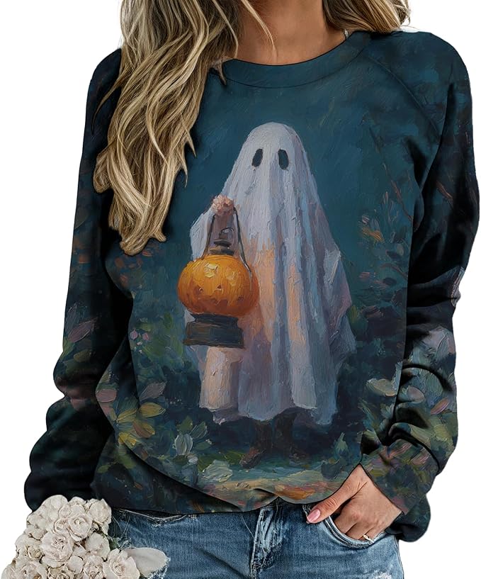 Sweatshirts for Women Graphic Print Casual Pullover Tops Long Sleeve Crewneck Halloween T Shirts