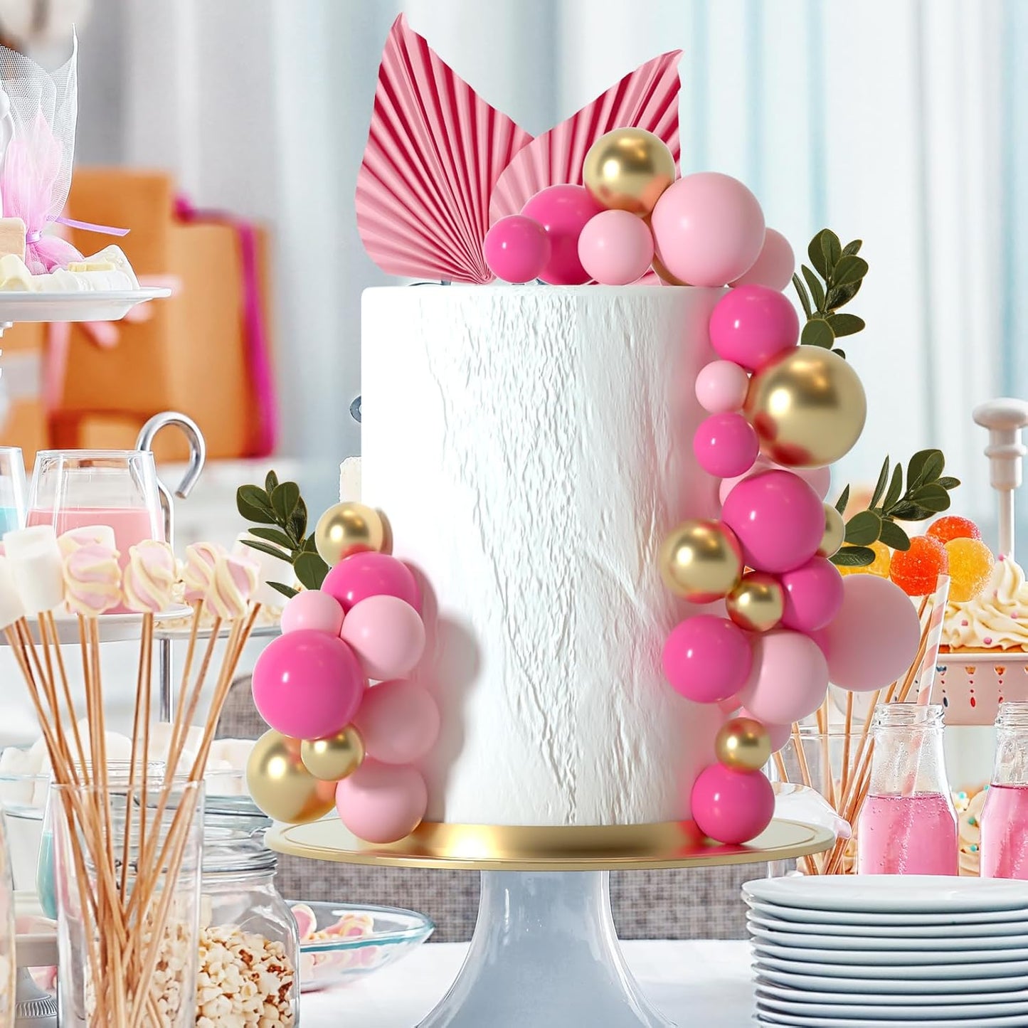 NEBURORA 64 Pcs Balls Cake Toppers and Leaves Decoration Set Mini Balloons for Cake Decorating Supplies Balls Cake decorations for Baby Shower Cake Toppers Birthday Cake Decorations (Pink Gold）