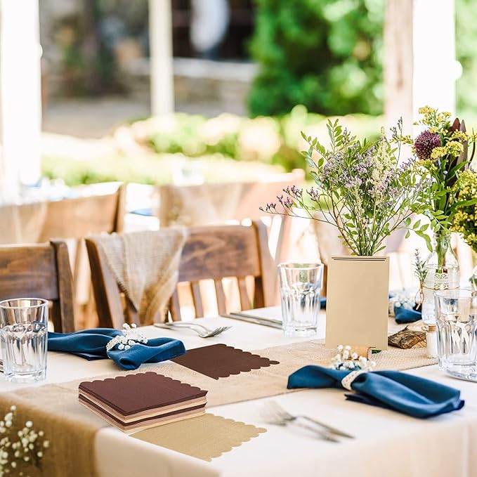 Whaline 150 Pack Fall Color Brown Neutral Cocktail Napkins Wood Grain Napkins Brown Gradient Color Napkins with Scalloped Edges Disposable Napkin in 3 Colors for Party Supplies Table Decor, 5 x 5 In