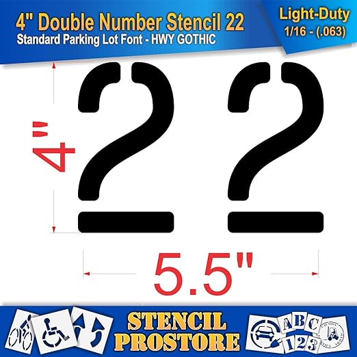 Pavement, Curb, and WheelStop Stencils - 4 inch Double Number Stencil - (22) - 4" x 5.5" x 1/16" (63 mil) - Light-Duty