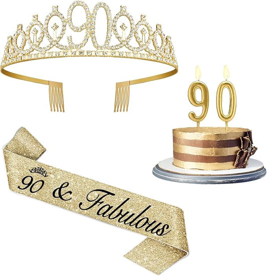 90th Birthday Decorations for Women Gold, Birthday Sash and Tiara, Gold Number 90 Candles, 90th Gifts for Women