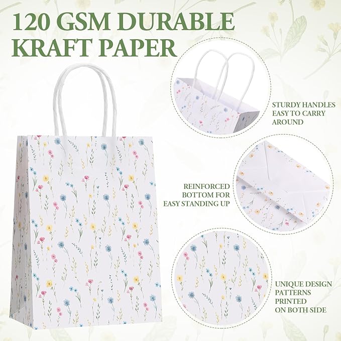 Resholder 30 Pcs Wildflower Paper Gift Bags with Handles Spring Floral Party Favor Bags Colorful Flower Goodie Gift Candy Treat Pouches for Wedding Bridal Shower Baby Shower Birthday Spring Tea Party