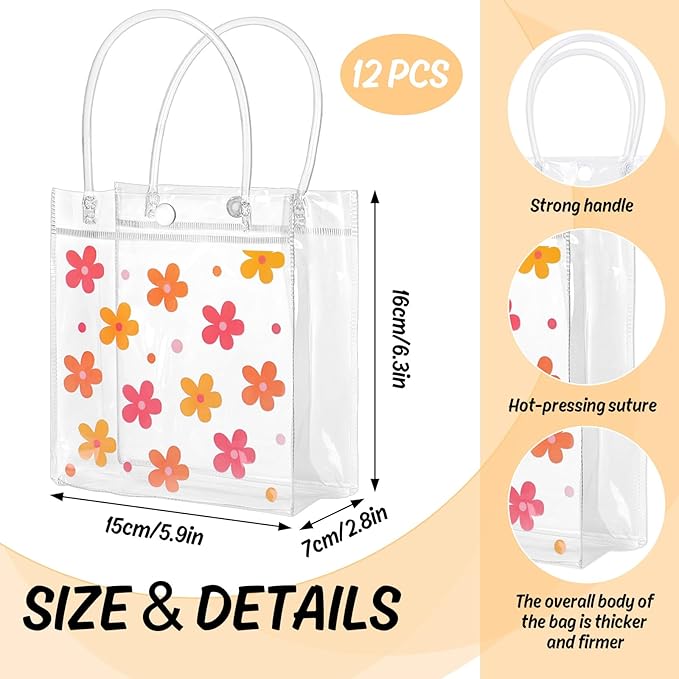 JarThenaAMCS Boho Floral Clear Gift Bags Christmas Groovy Flower PVC Party Favor Bags with Handles Cute Daisy Decorative Treat Bags for Wedding Birthday Shower Party Supplies, 12Pcs