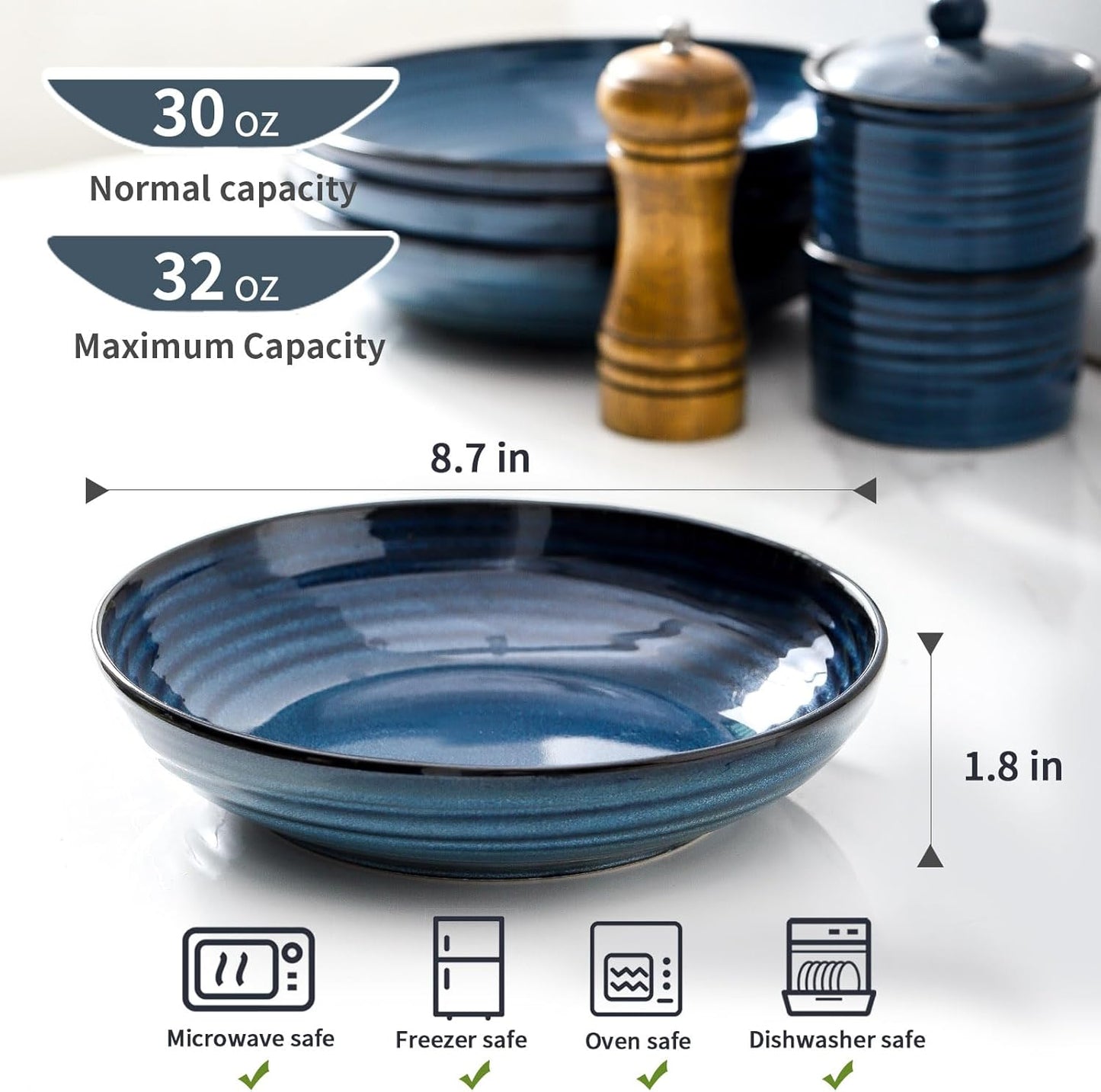Hasense Pasta Bowls, 32 Oz Ceramic Serving Bowls Set of 4-8.7 Inch Serving Dishes for Salad, Pasta, Soup, Fruit - Blue Dinner Plate Bowls for Home Gift, Dishwasher & Microwave Safe