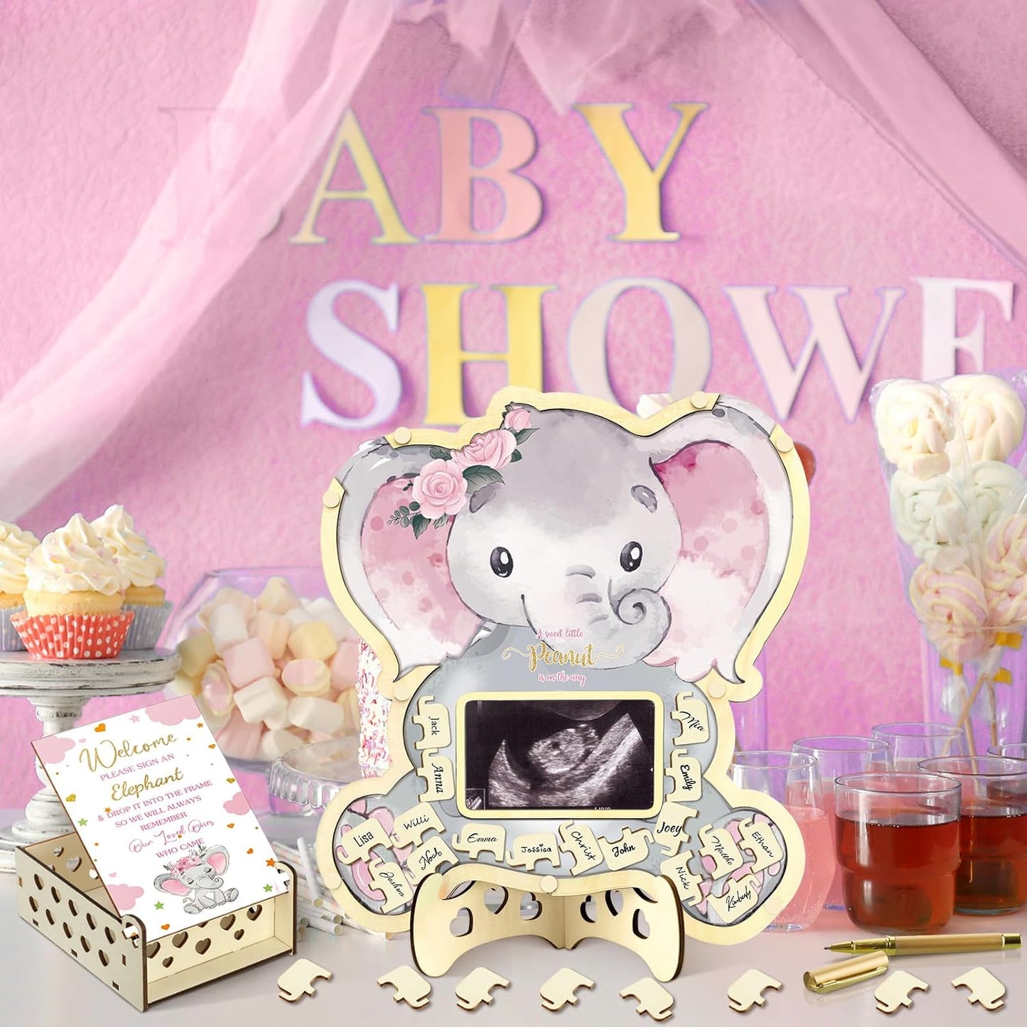 Wenqik 63 Pcs Pink Elephant Baby Shower Guest Book Alternatives Set Baby Shower Decorations with Photo Frame Sonogram Frame Keepsake 60 Wood Slices Guest Book for Birthday