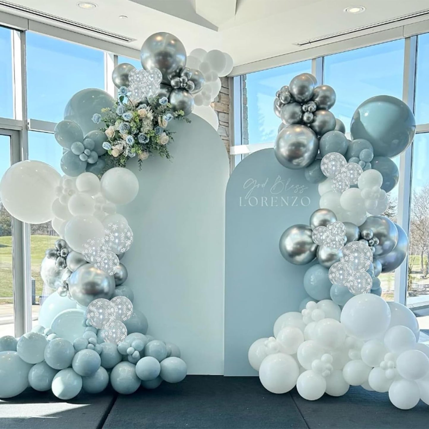 Blue Winter Wonderland Balloons, 60 PCS 12 Inch Snowflake Balloons Dusty Light Baby Blue White and Silver Balloon for Boy Baby Shower Winter Christmas Holiday Birthday Party Decorations