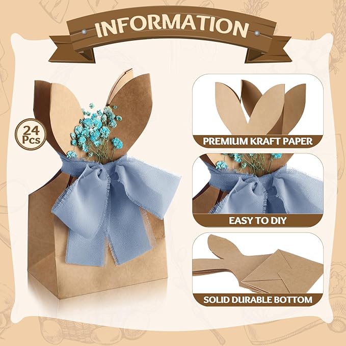 Affrolling 24 Set Boho Bow Easter Bunny Party Favor Bags DIY Bunny Gift Boxes with Neutral Bow Ribbon and Dried Flowers Rustic Paper Rabbit Ears Treat Bags Bulk for Easter Spring (Dirty Blue)