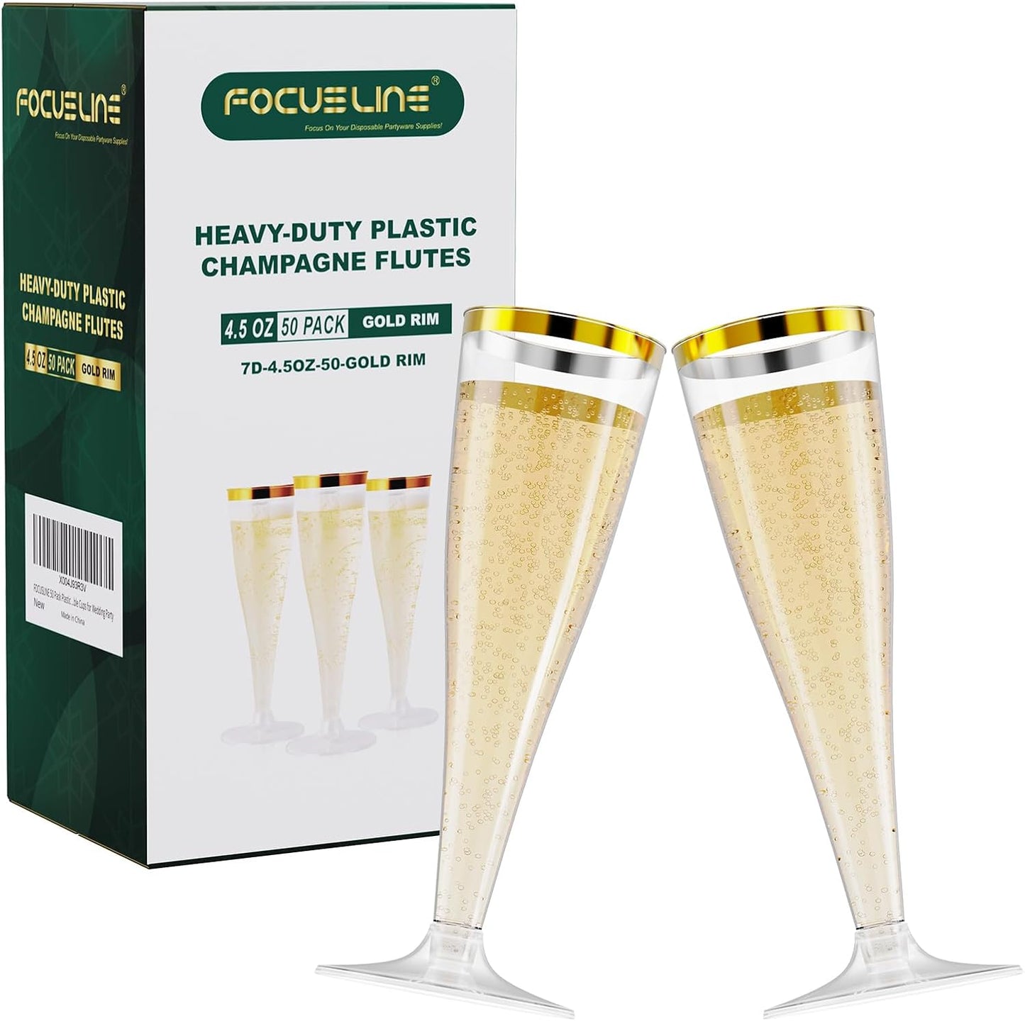 FOCUSLINE 50 Pack Plastic Champagne Flutes, 4.5 Oz Gold Rim Disposable Champagne Glasses for Wine, Cocktails, Mimosas, Disposable Clear Toasting Glasses, Perfect for Parties and Any Celebrations