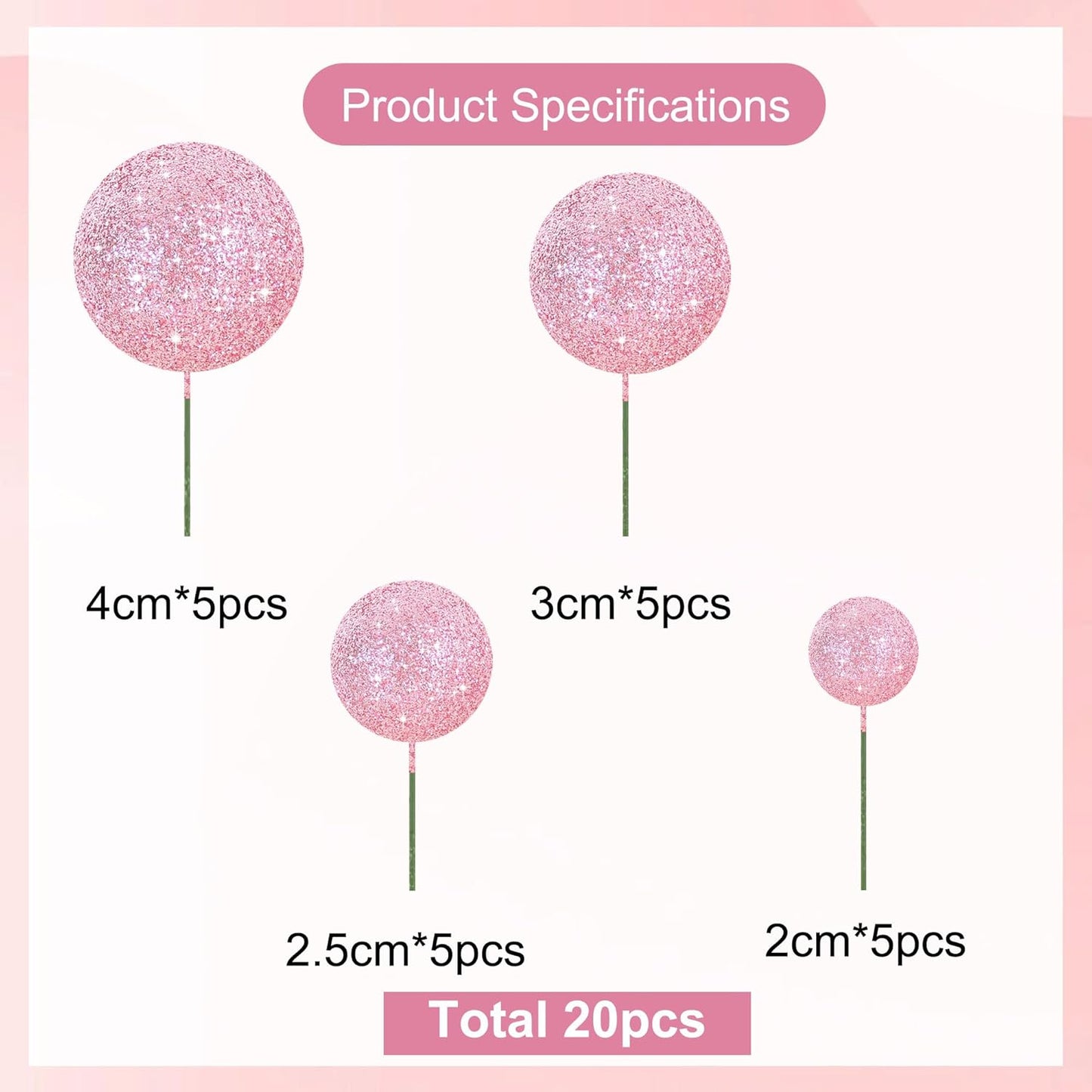 BEISHIDA 20 PCS Pink Glitter Bling Mini Ball Cake Toppers Foam Cake Balls Decoration Supplies for Happy Birthday Anniversary Wedding Baby Shower Graduation Christmas Cake Decorations