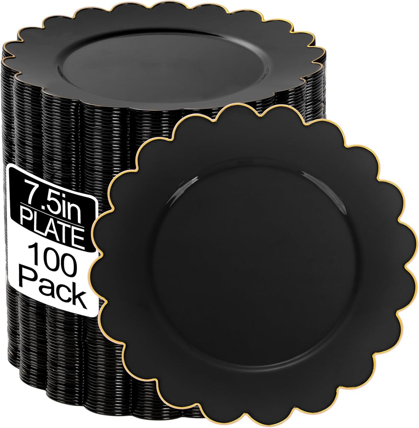 LIYH 100 Pcs Black Plastic Scalloped Plates - Disposable Dessert Plates with Elegant Gold Rim Cake Plate Disposable for Salad Parties Cass Reunions Wedding