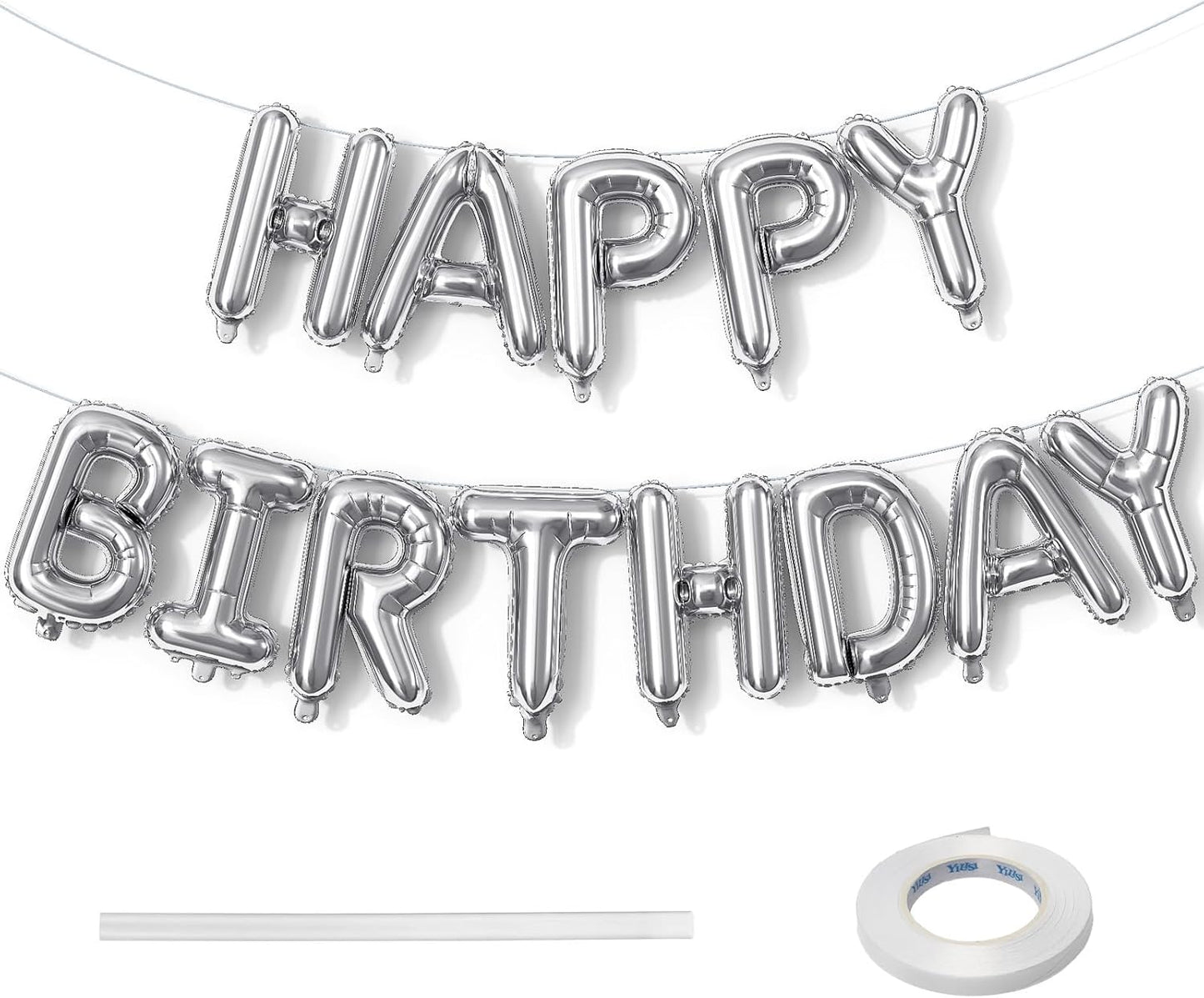 Silver Happy Birthday Banner - 16 Inch Mylar Foil Letters Balloons with Ribbon, Self Inflating Bunting Balloons Banner for Women Men Birthday Party Decorations
