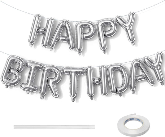 Silver Happy Birthday Banner - 16 Inch Mylar Foil Letters Balloons with Ribbon, Self Inflating Bunting Balloons Banner for Women Men Birthday Party Decorations