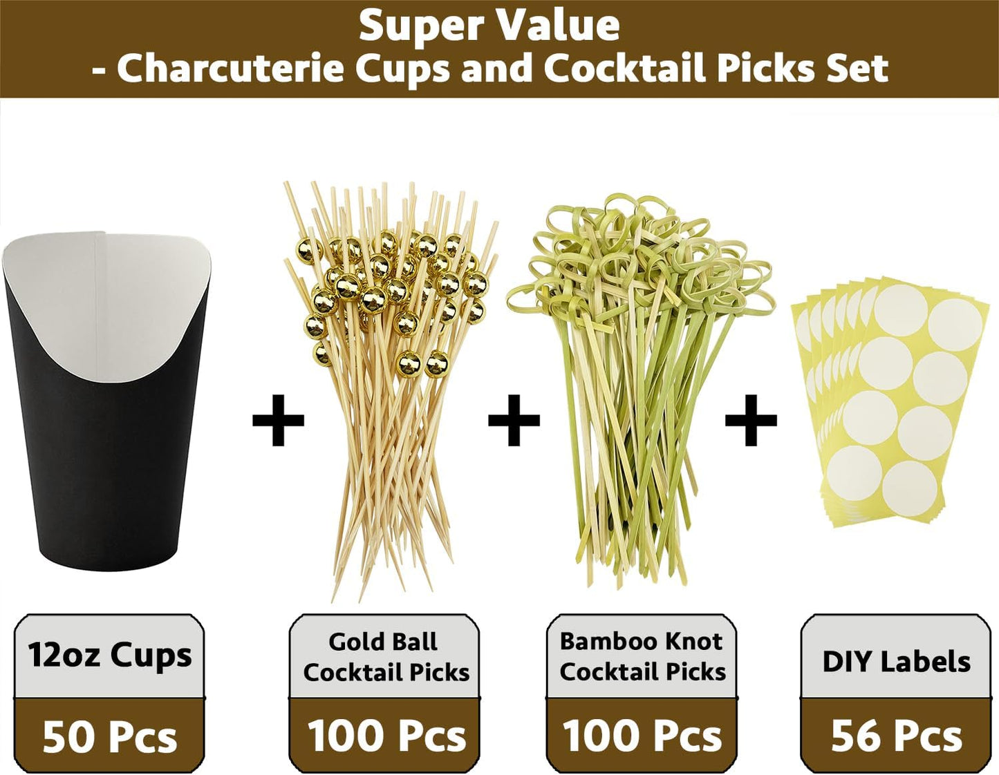 CAMKYDE 50 Charcuterie Cups + 200 Cocktail Picks + 56 Labels, 12 oz Disposable Charcuterie Cups with Sticks (2 Types), French Fry Cups Brown Paper Appetizer Cups for all Occasions（Black）