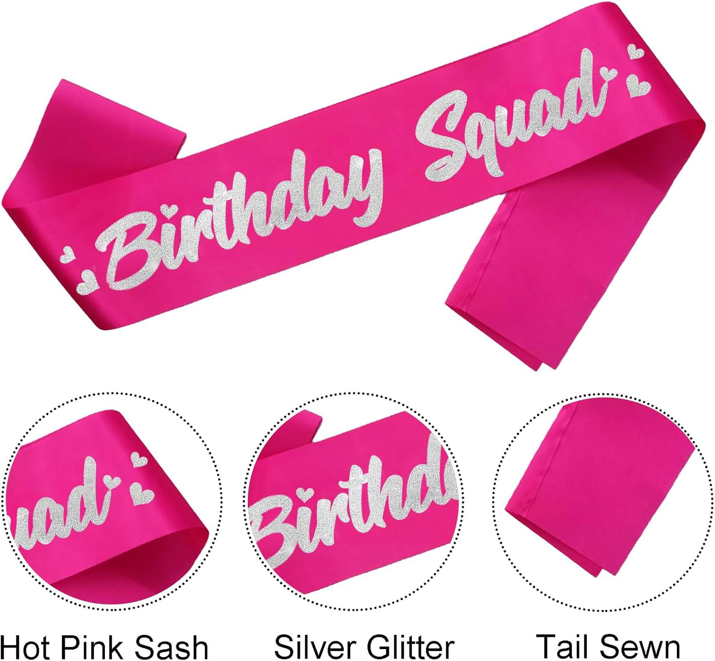 6 Pieces Birthday Squad Sash Set Hot Pink with Silver Glitter Lettering Birthday Sash for Women Funny Party Favors Decorations for Sweet 16 18th 21st 25th 30th 40th 50th or Other Bday