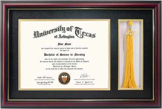 GraduationMall 11x17 Cherry Wood Diploma Frame with Tassel Holder for 8.5x11 Certificate Document,Real Glass,Black over Gold Mat