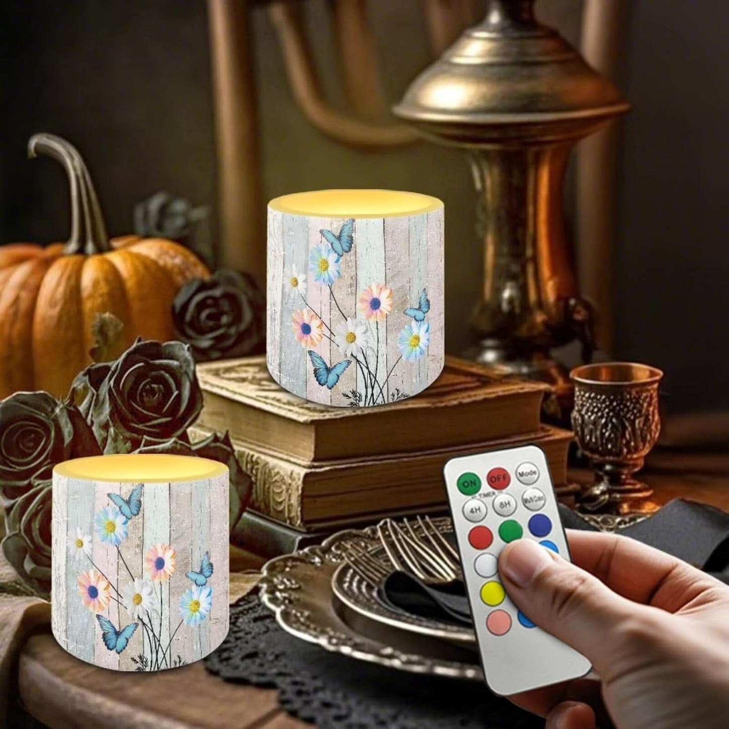 Poceacles LED Flameless Candles Set of 4 Multi-Color Battery Operated Fake Flickering Candles with Remote and Timer, for Holiday Festival Wedding Decorations, Daisy Flower Butterfly Wood Grain