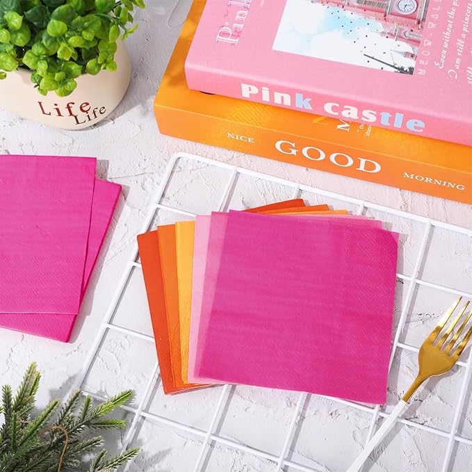 Whaline 120Pcs Orange Pink Cocktail Napkin 6 Colors Multi Color Beverage Paper Napkin 5 * 5 Inch Orange Disposable Napkins for Tequila Sunrise Home Bar Baby Shower Table Party Decor