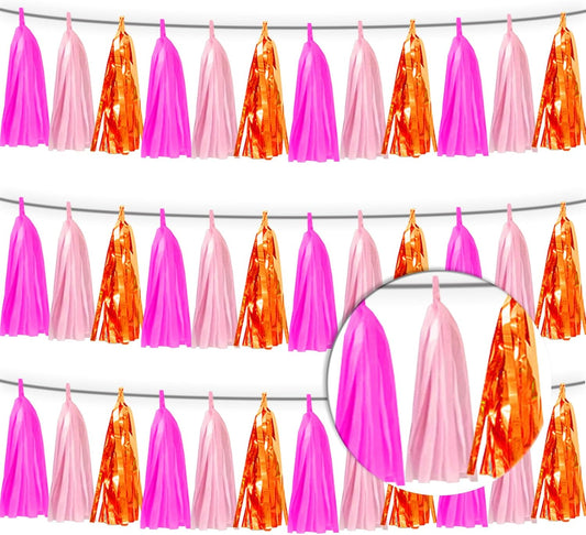 3P Hot Pink Orange LightPink Tassel Banner Garland Foil Fringe Tinsel Streamer Banner Backdrop for Parade Floats, Wall Hanging Curtain Parade Floats, Graduation Decorations, Wedding Party Decoration